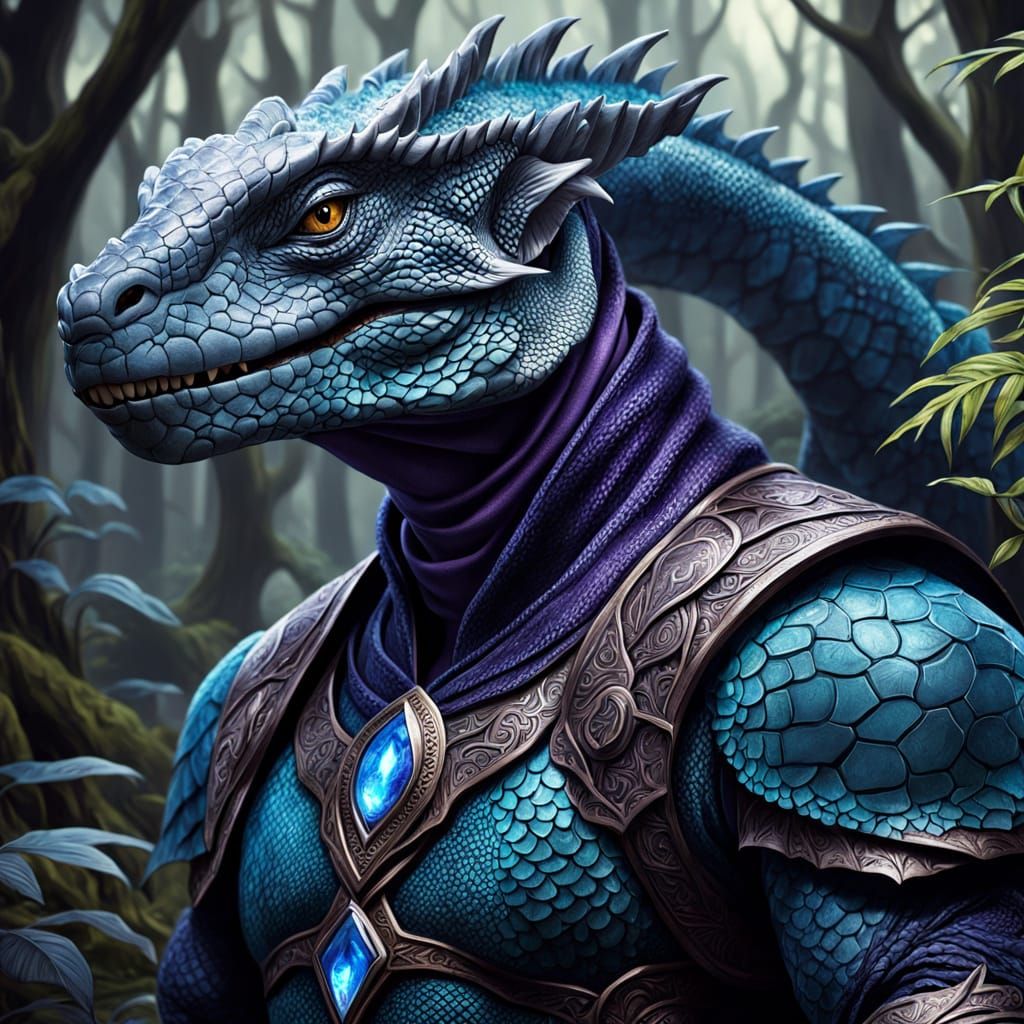 Reptilian Dragon Wizard in Mystical Forest, Oil Painting