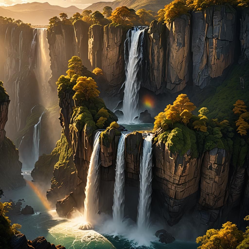 Golden Sunset Over Giant Waterfall in Fantasy Art