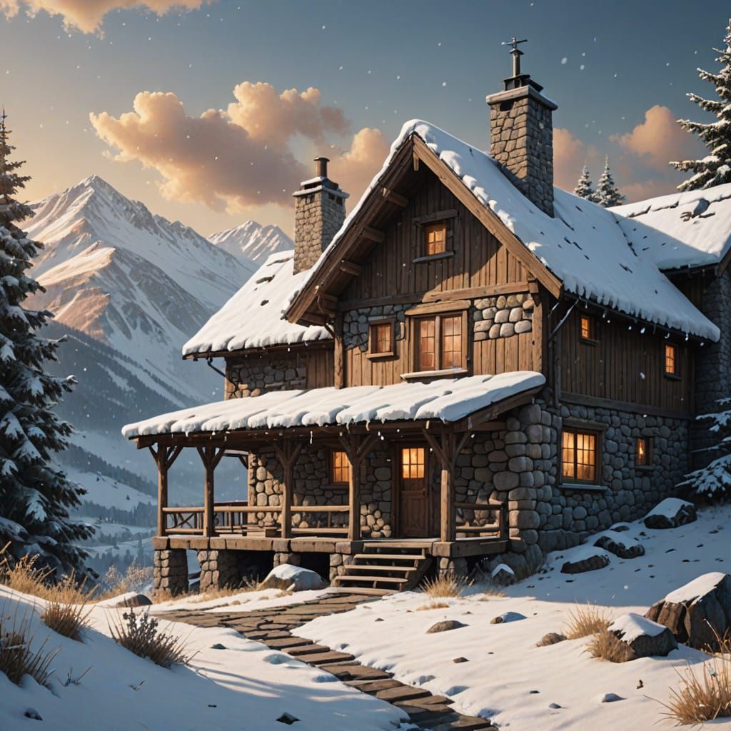 Stone Cabin in Snowy Mountains: Hyper-Realistic Digital Art