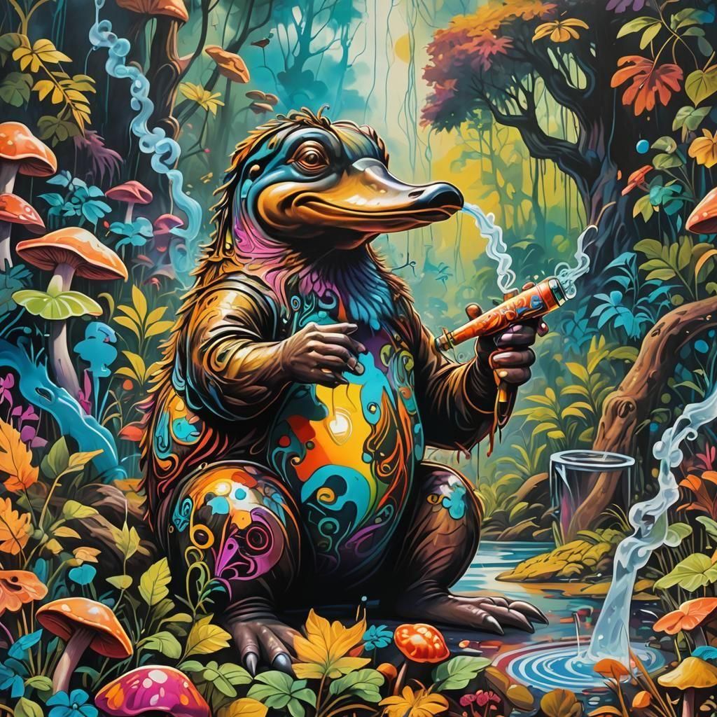 Psychedelic Platypus in Mushroom Forest Graffiti Art