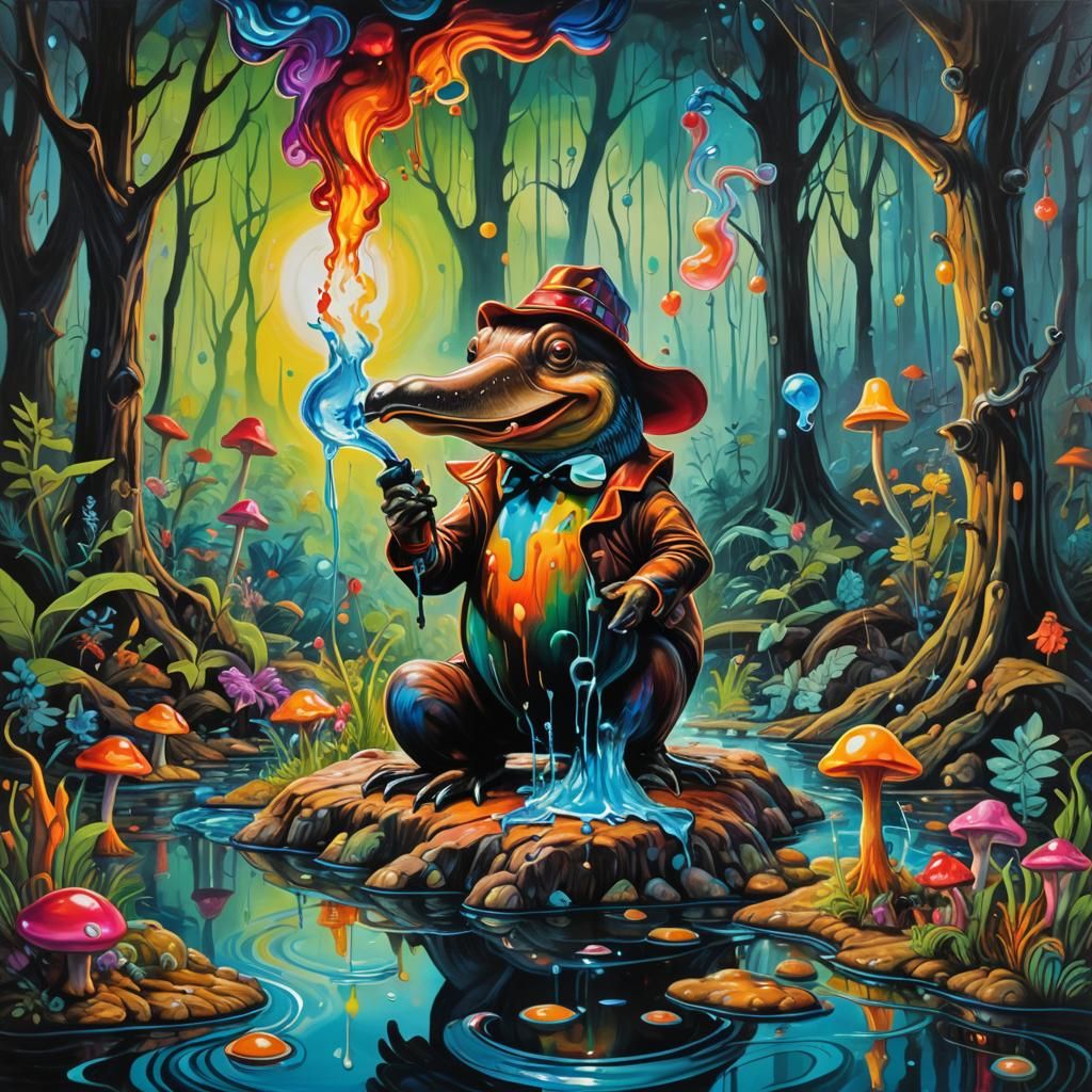 Psychedelic Platypus in a Surrealist Landscape