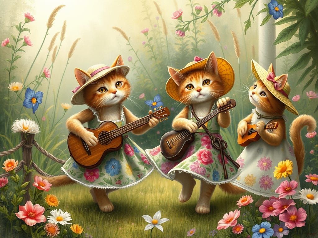 Cats' Whimsical Garden Party: A Vintage Illustration