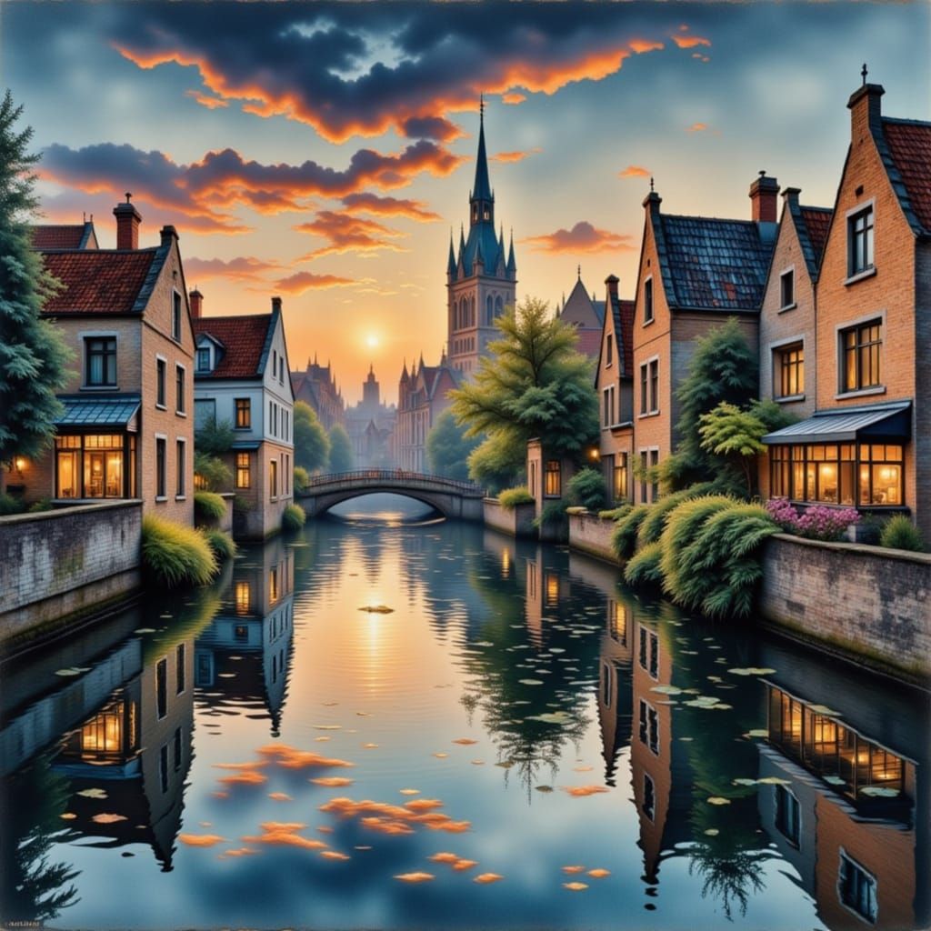Bruges Cityscape with Romantic Lake and Blooming Nature