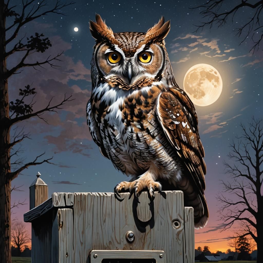 Realistic Screech Owl on Mailbox at Night