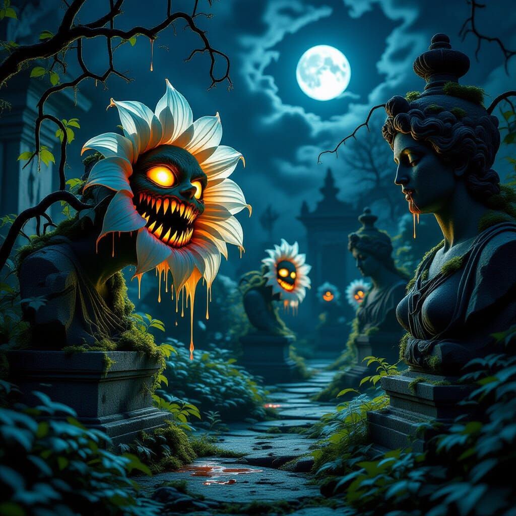 Eerie Overgrown Garden with Bioluminescent Flora