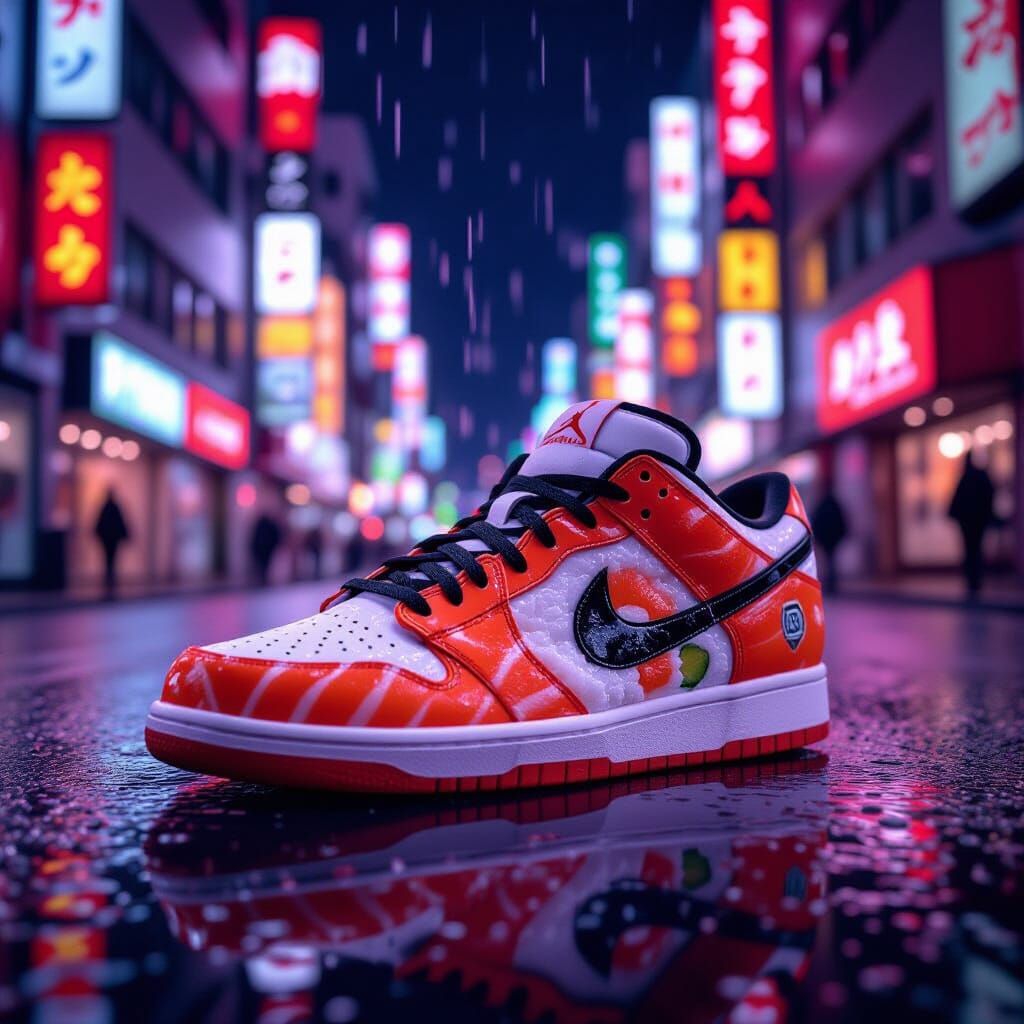 Sushi Jordan Shoe on Neon Tokyo Backdrop