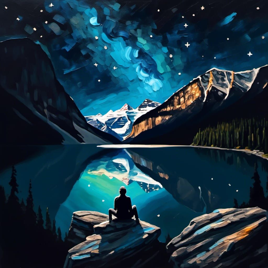 Night Sky Silhouette at Lake Louise as Impasto Painting
