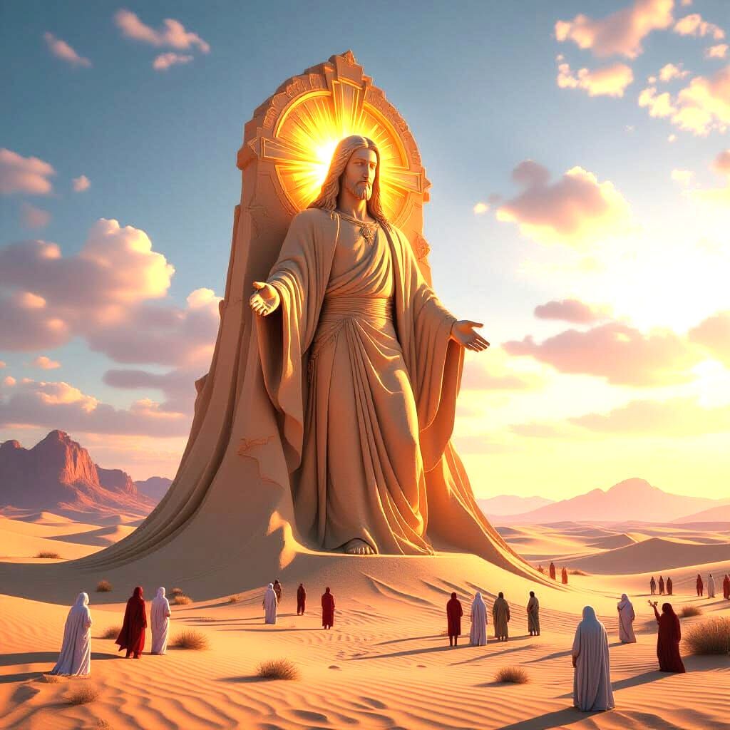 Giant Glowing Sand Jesus in Desert