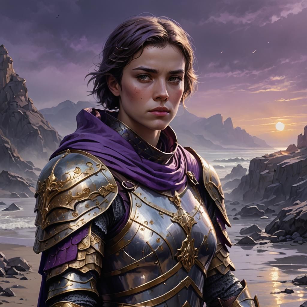 Female Knight in Roman Armor on Cold Beach