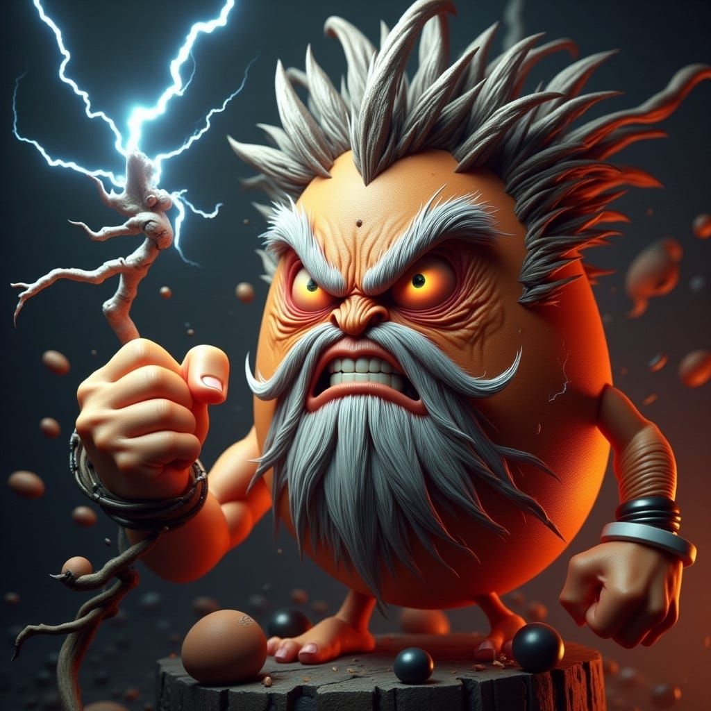 Angry Egg as Zeus in Dark Fantasy Style