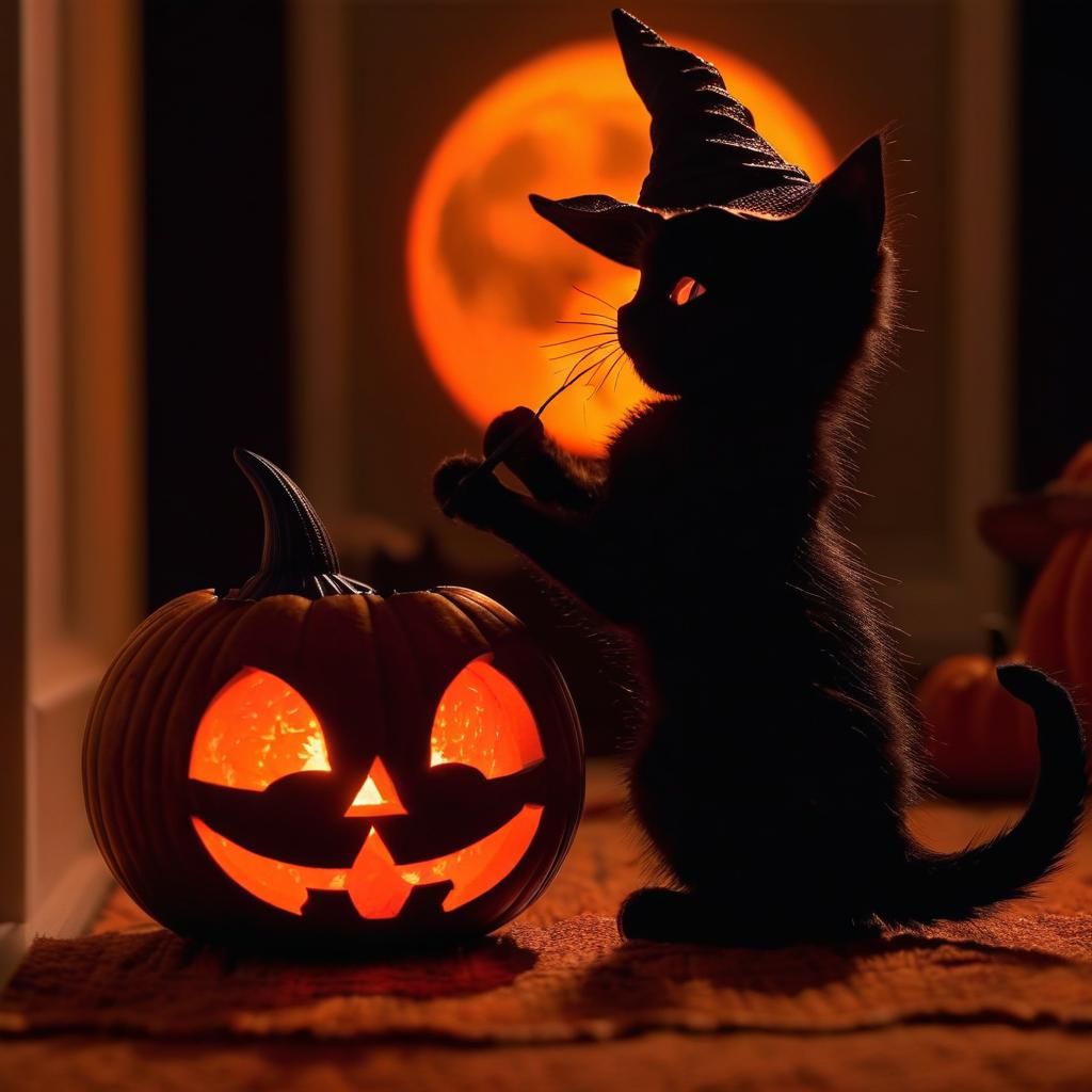 Halloween Kitten with Jack-O'-Lantern and Witch Silhouette