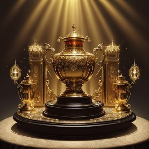 Bedazzled Gold Trophy on Pedestal in Cinematic Style