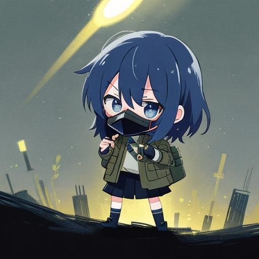 A cute chibi girl with gas mask and tomboy style, sparkling ...