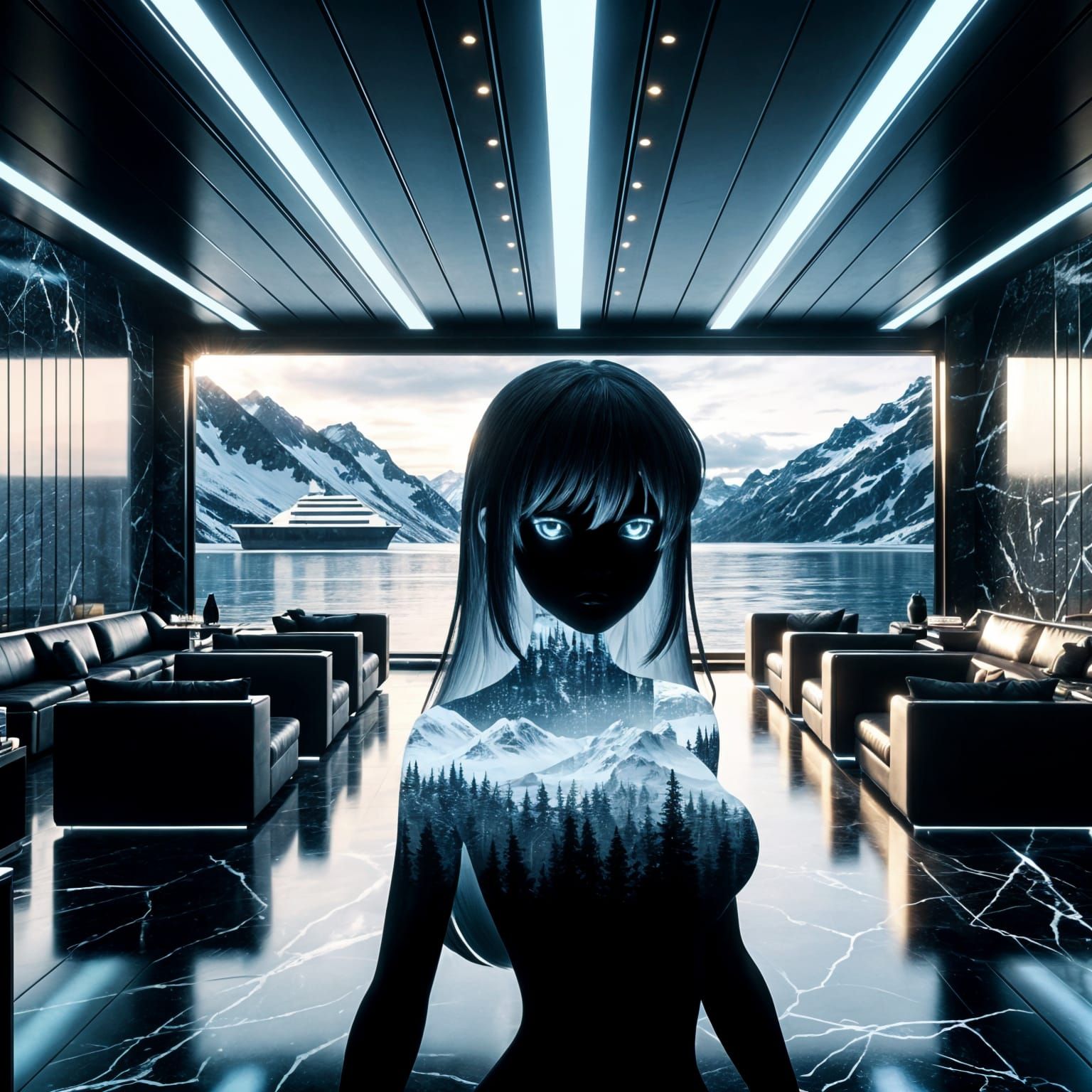 Anime Cyber Waifu in Black Marble Castle Contemplating Alask...