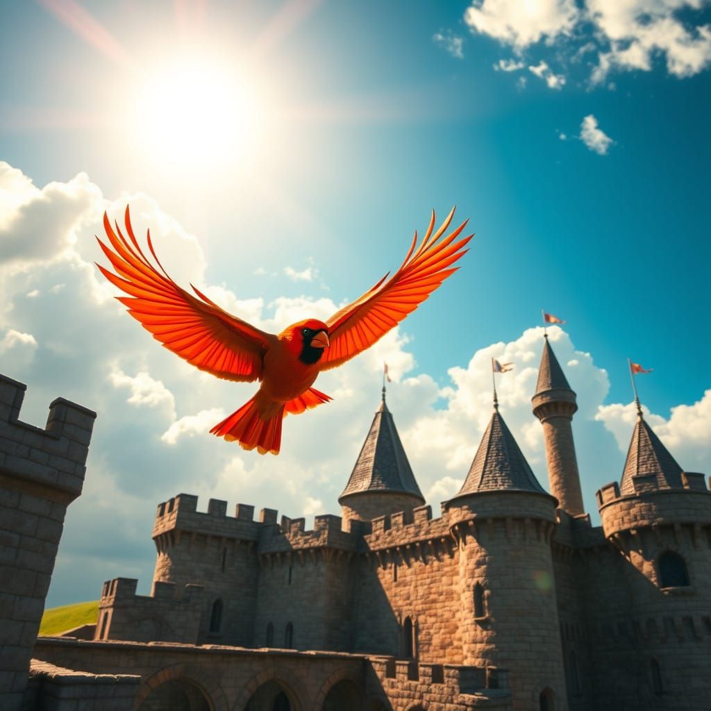 Majestic Cardinal Soars Over Medieval Castle in Radiant Sunl...