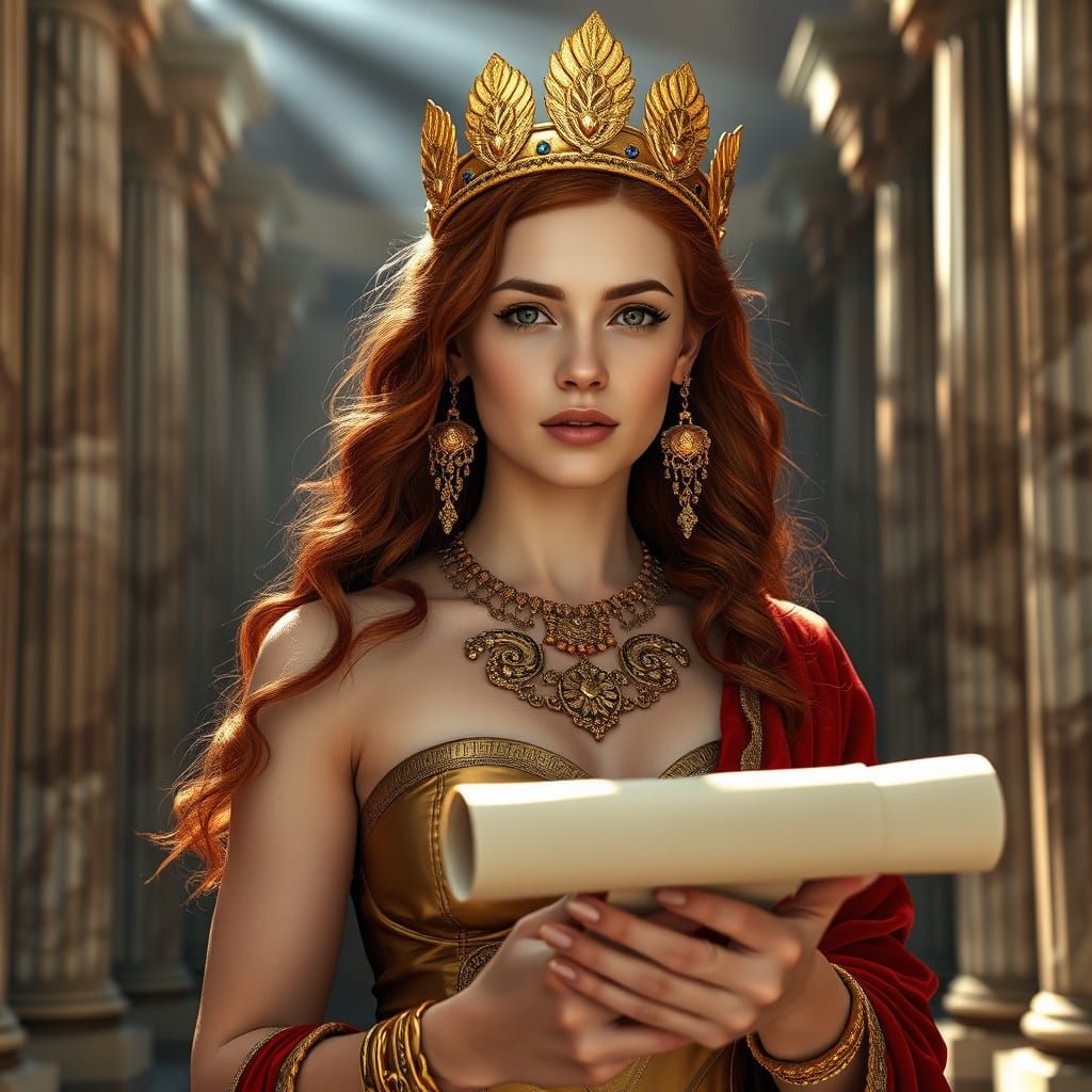 Red-Haired Queen in Golden Crown and Regal Attire