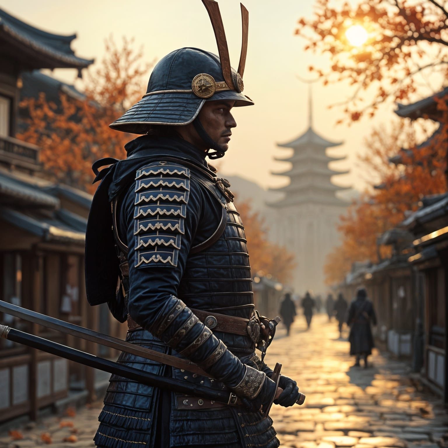 Traditional Japanese Samurais in Kyoto's Medieval Cityscape