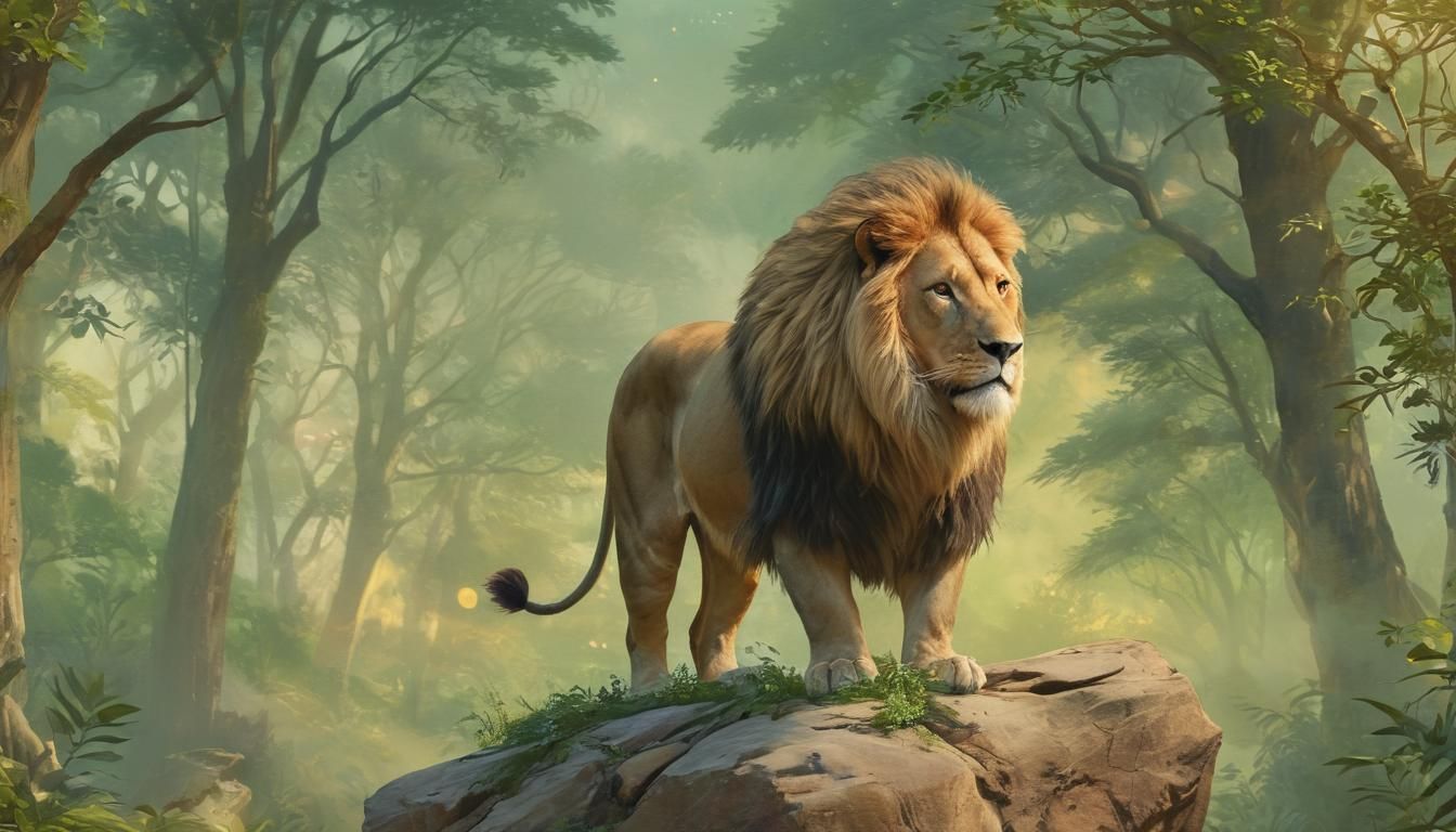 Aslan in Serene Forest: Watercolor Fantasy Art