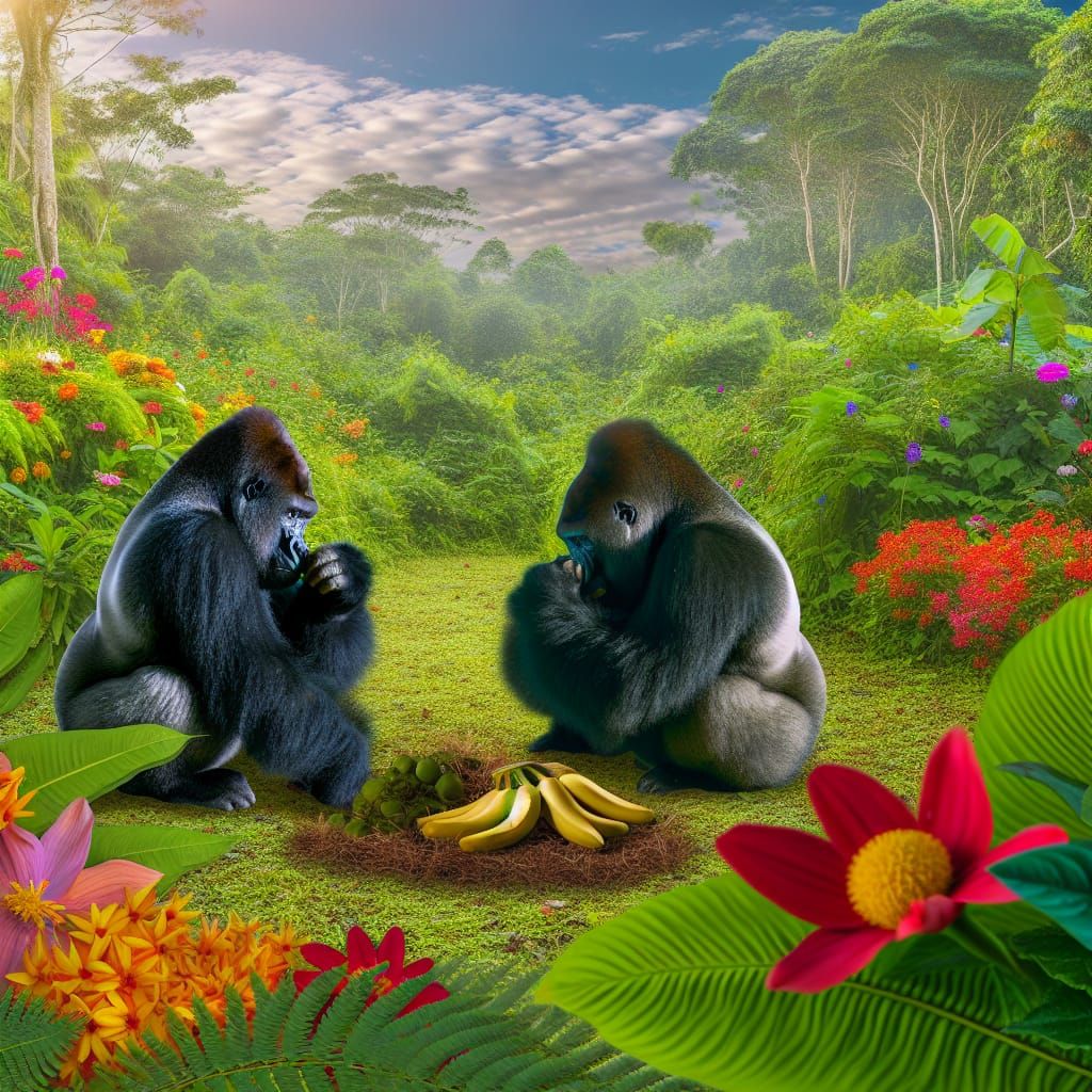 Gorillas in a Lush Jungle Banana Feast