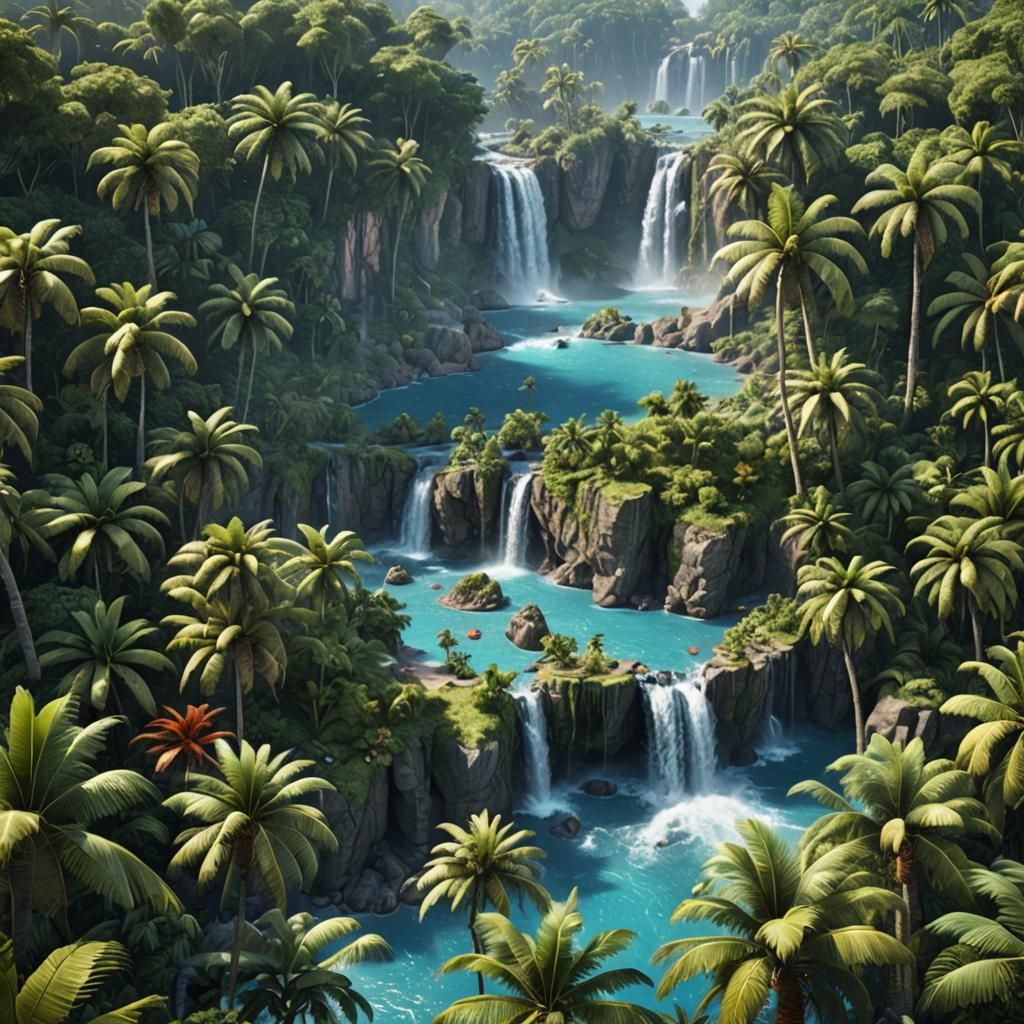 Tropical Island Paradise Waterfall in Detailed Matte Paintin...