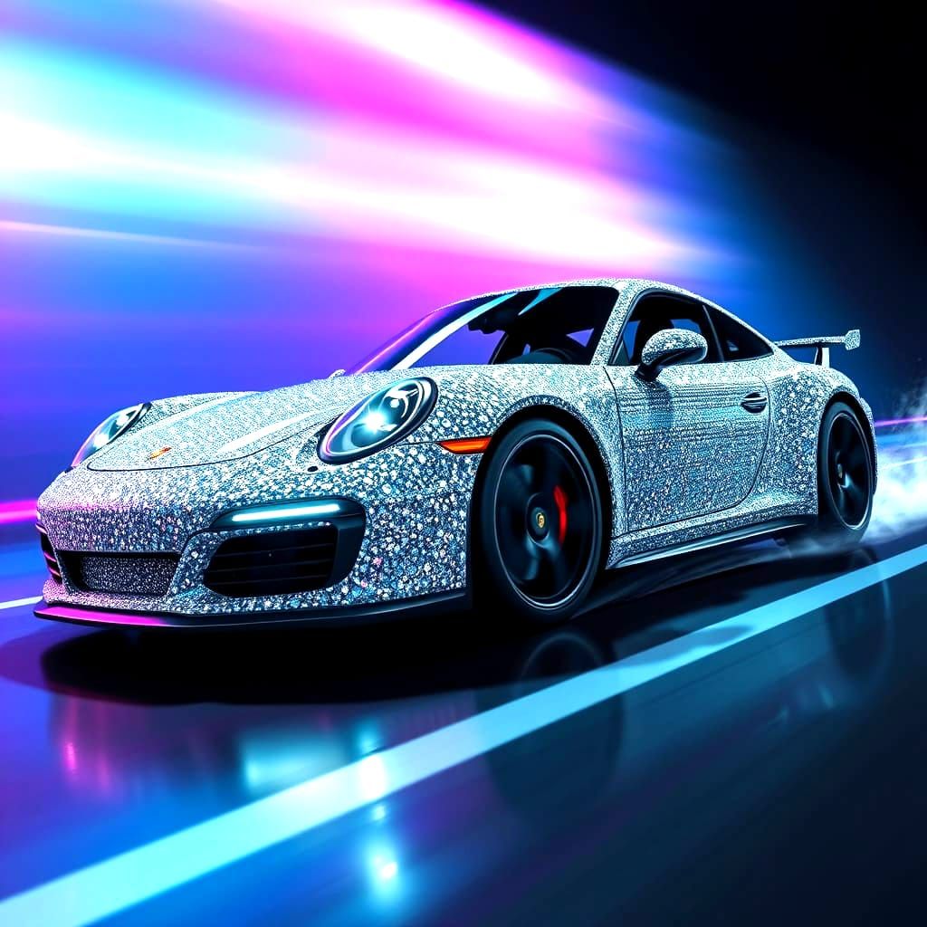 Diamond-Encrusted Porsche in Futuristic, Splash Art Style