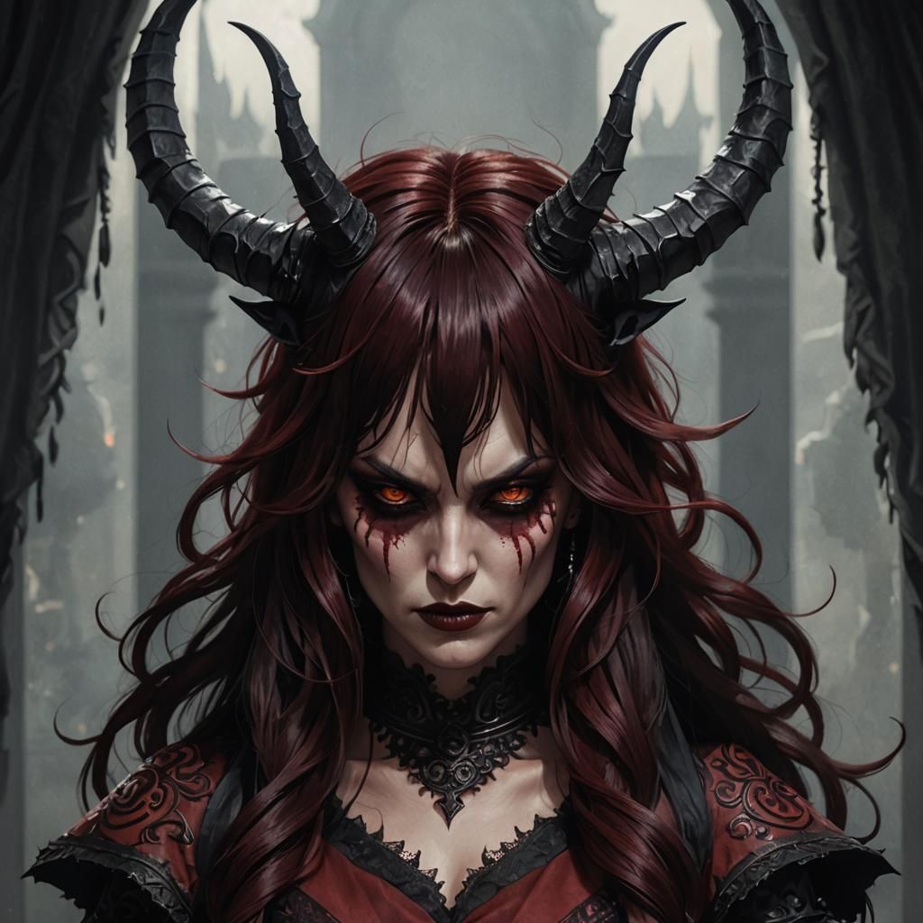 Demonic Woman with Black Horns and Red Hair