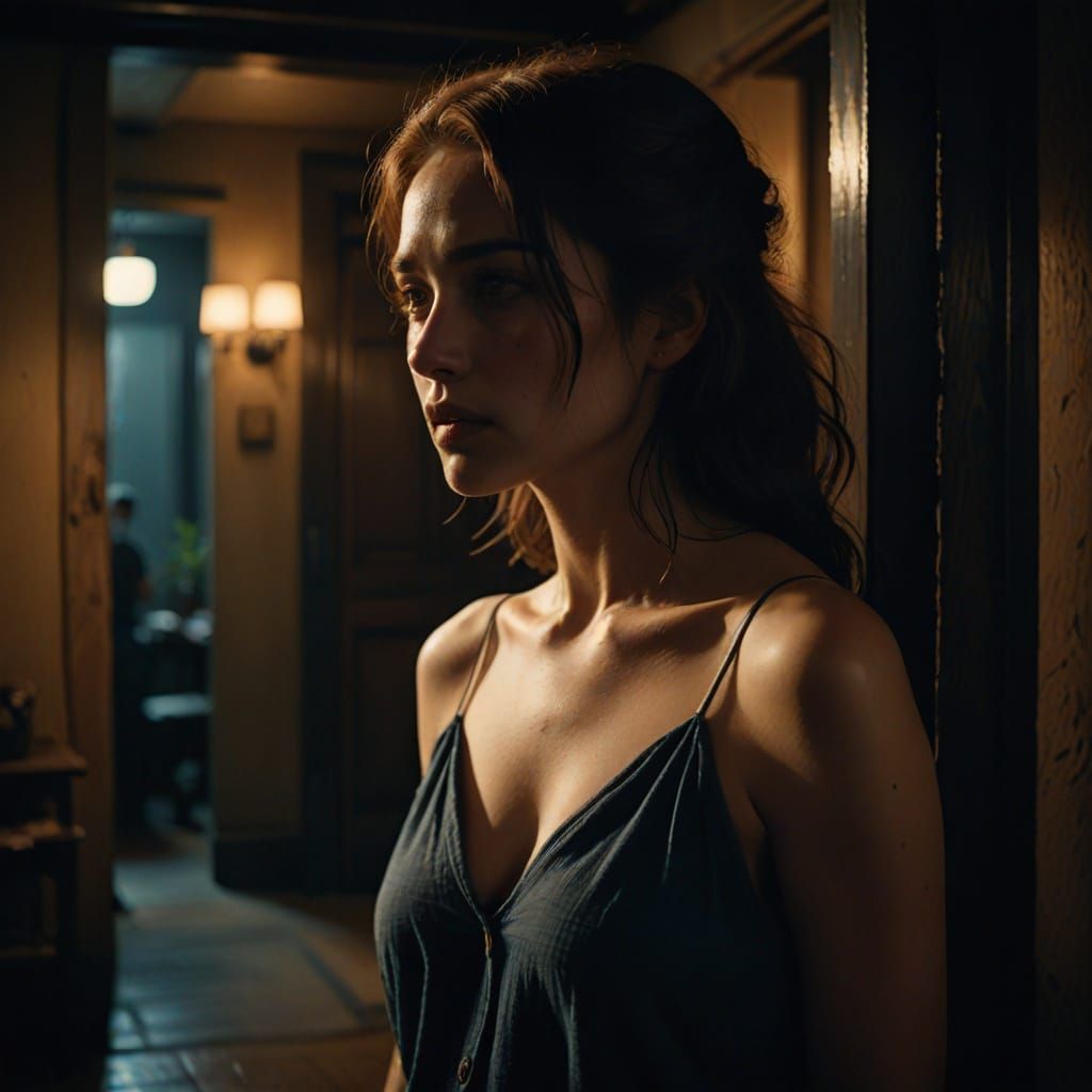 Sensual Woman in Doorway, Captured in Moody Golden Lighting