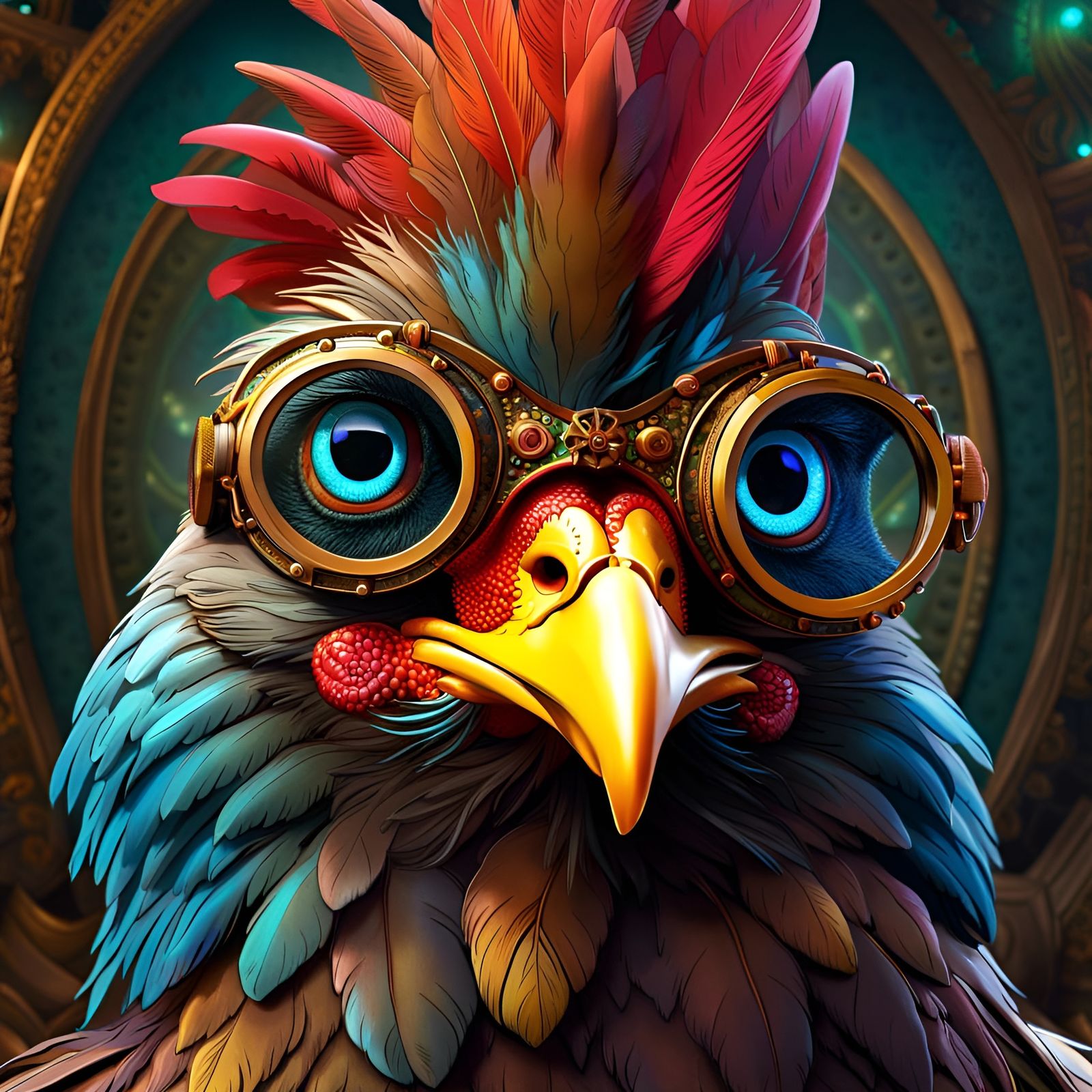 Steampunk Chicken with Ornate Glasses in Detailed Matte Pain...