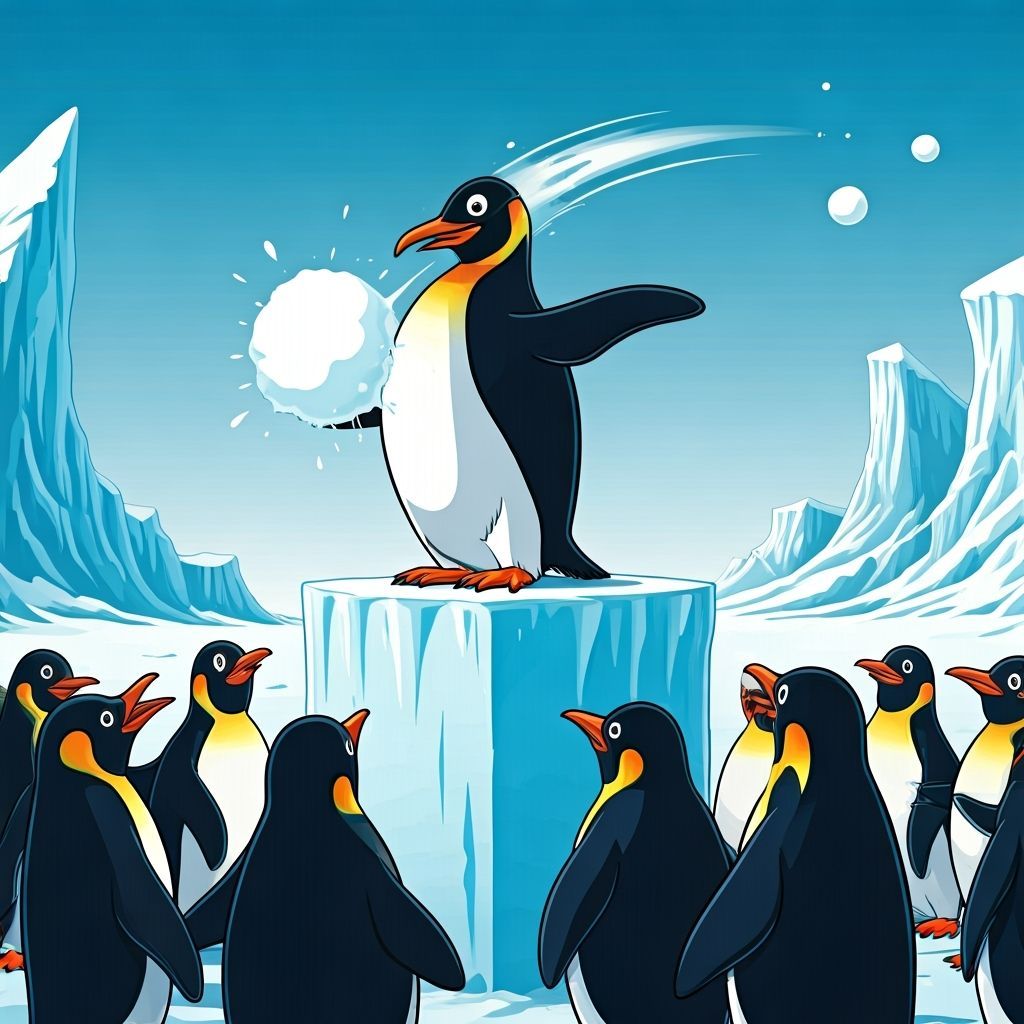 Penguin Politician Slapped by Snowball in Cartoon Style