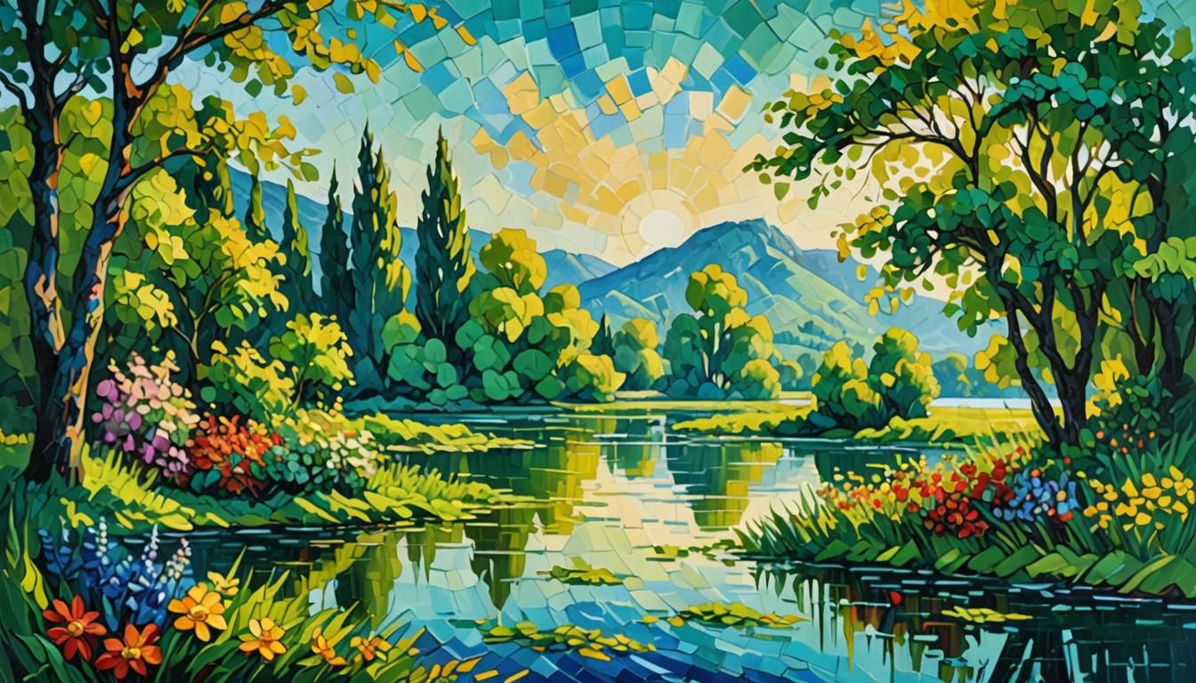 Island in Danube: Neo-Impressionist Oil Painting