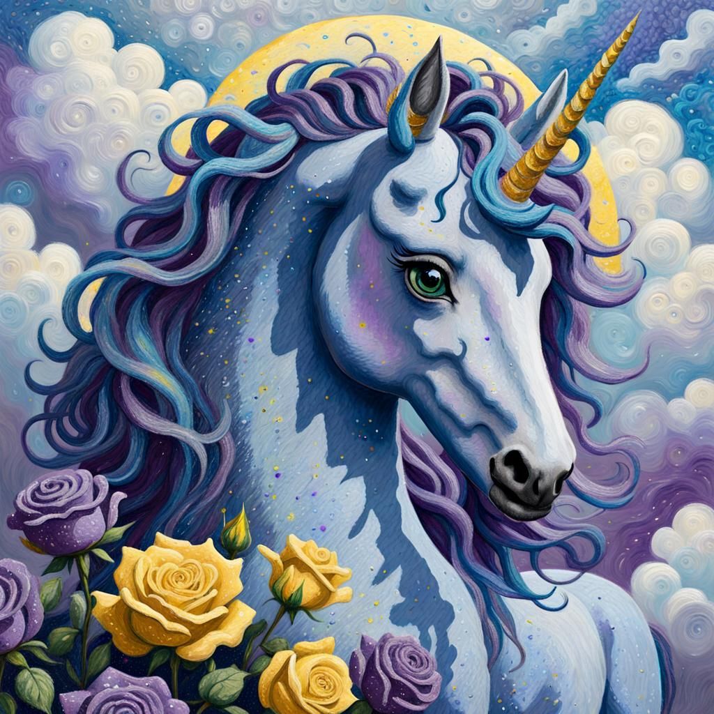 Blue Unicorn in Pointillism Impasto Style