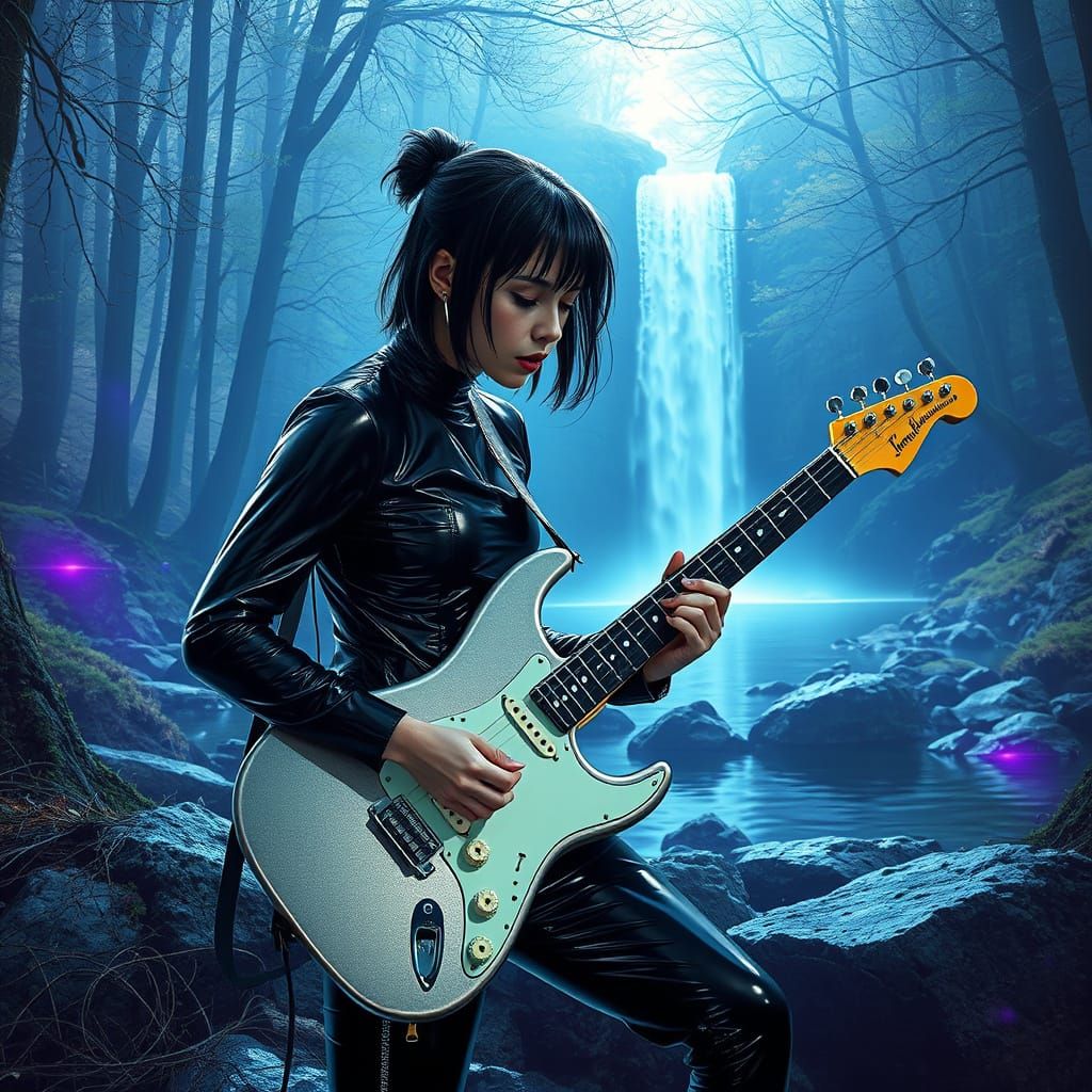 Cyberpunk Guitarist by Waterfall in Misty Forest