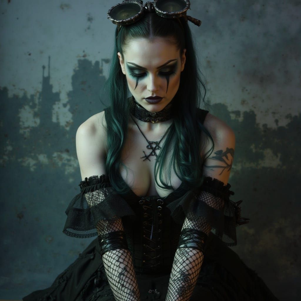 Gothic Female Model in Dimly Lit Studio with Intricate Attir...