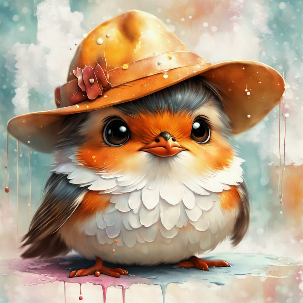 Cute Kawaii Robin Character with Vintage Abstract Backdrop