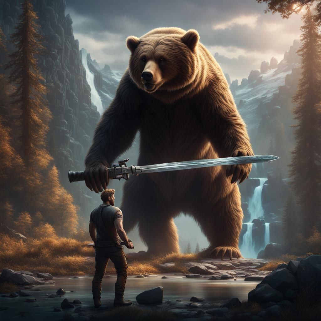 Man with Shortsword and Bear, Fantasy Concept Art