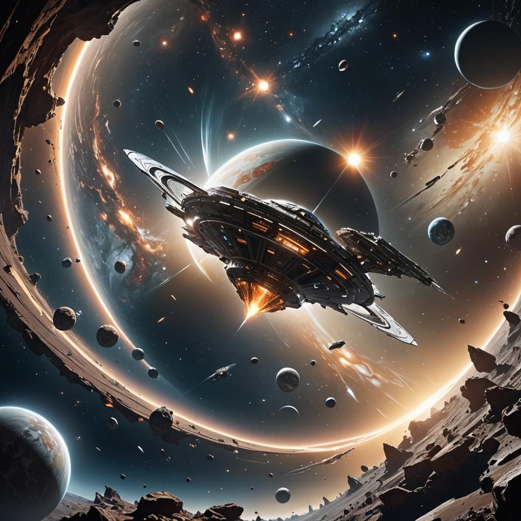 Diamond Planet Orbited by Spaceship: Fantasy Concept Art