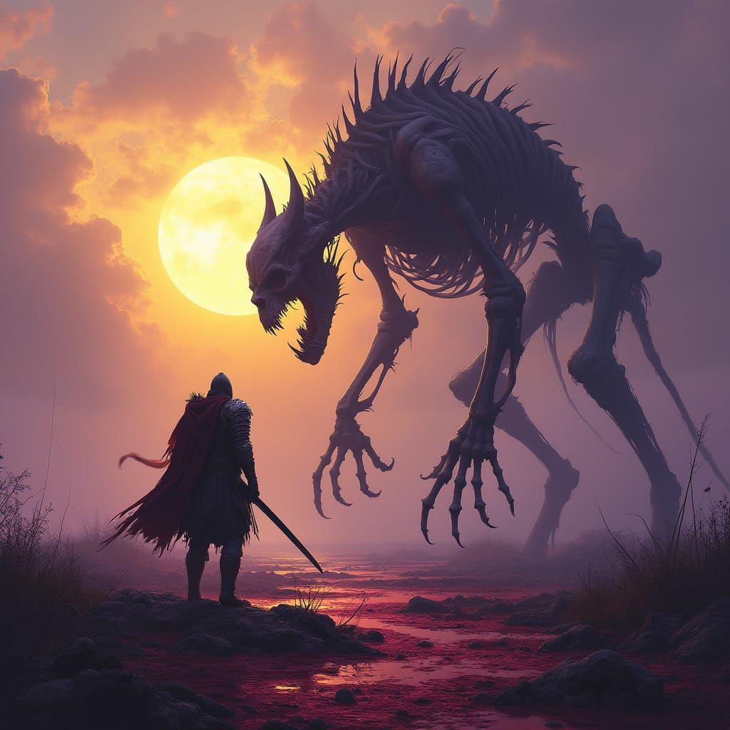 Warrior Confronts Beast Under Dying Sun