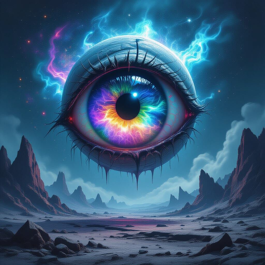 Cosmic Eyeball Creature Over Barren Landscape