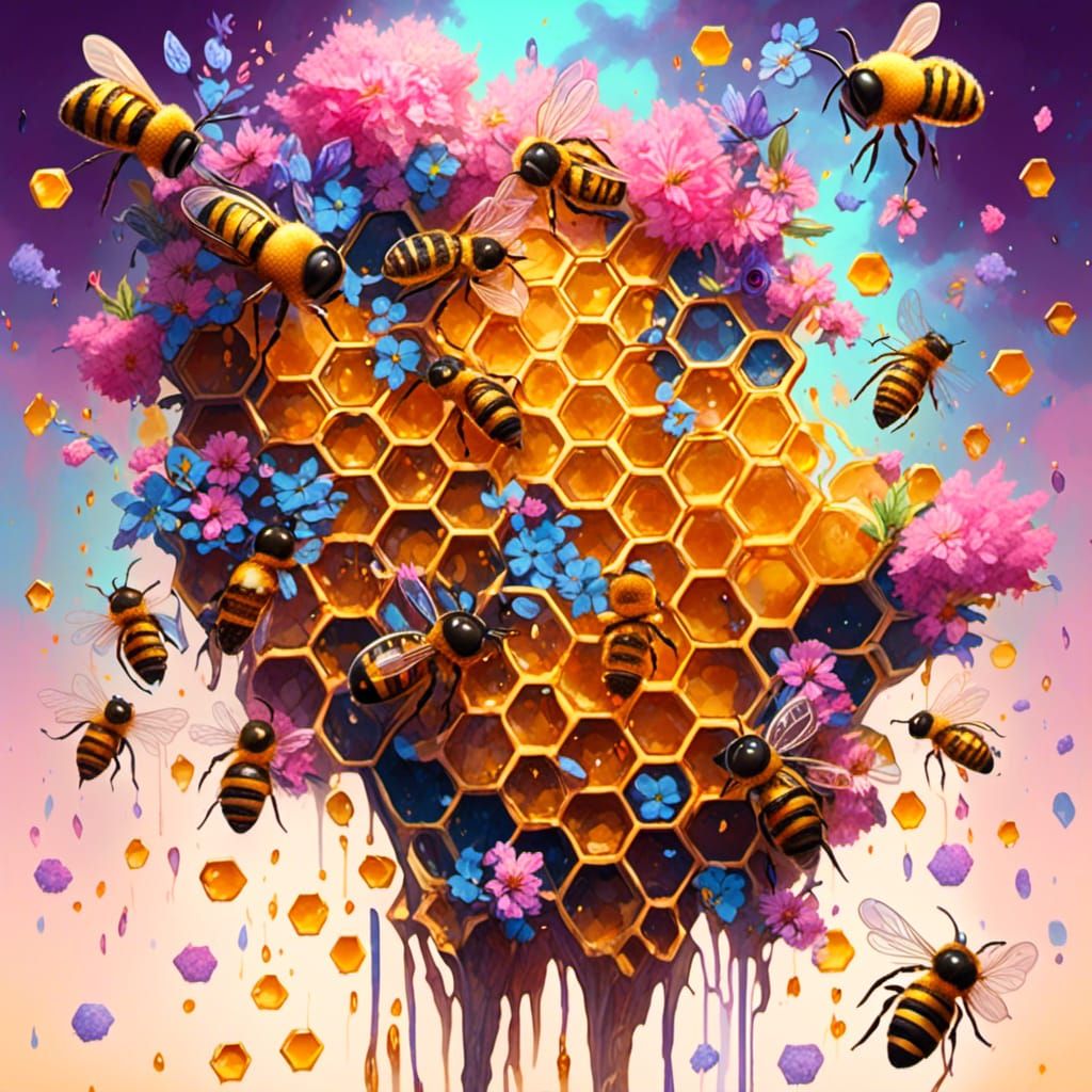 Magical honeycomb masterpiece: shiny honey, golden comb, bees, bright flowers, sunbeam glow, close-up cells.