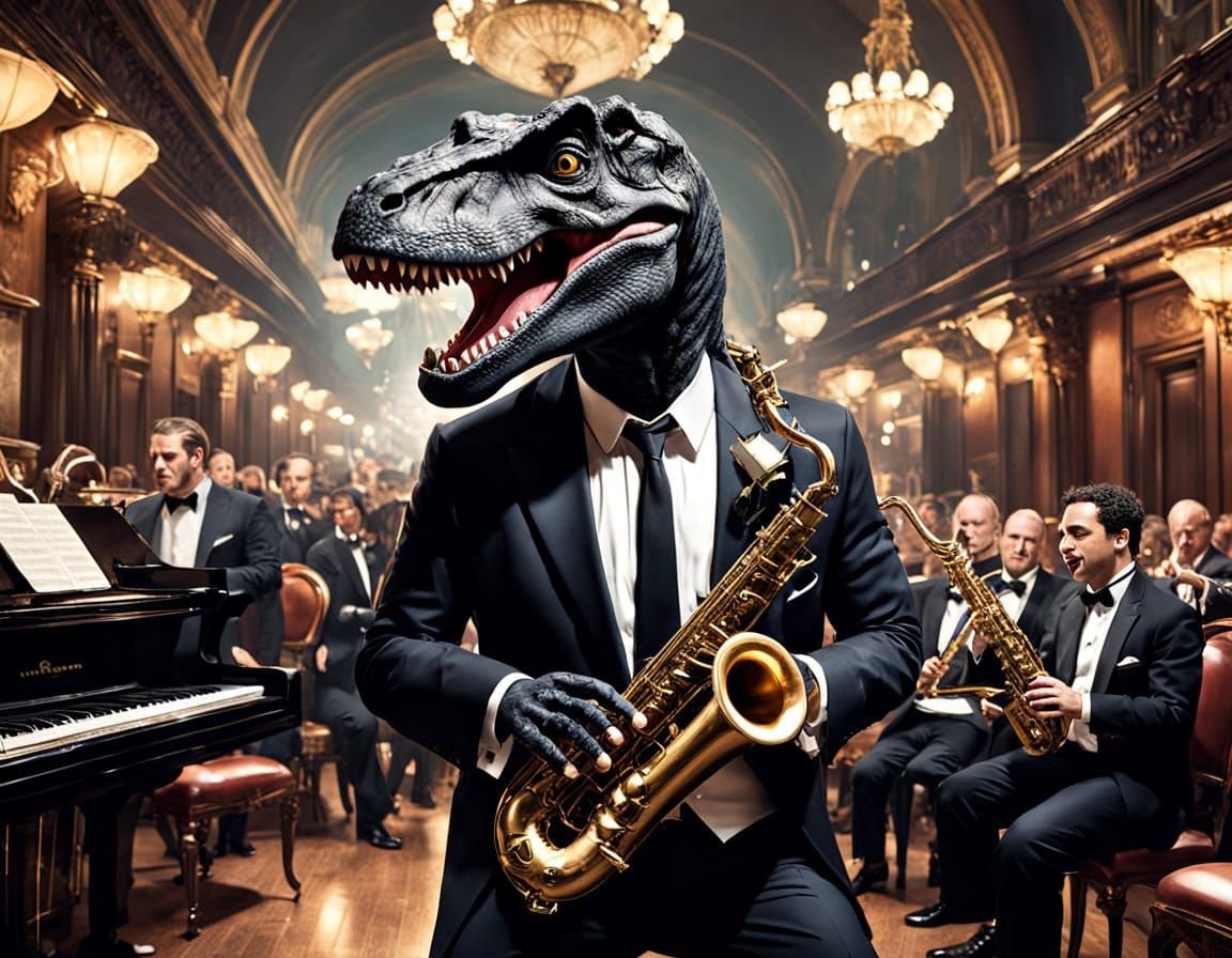 T-Rex Plays Saxophone in Jazz Club