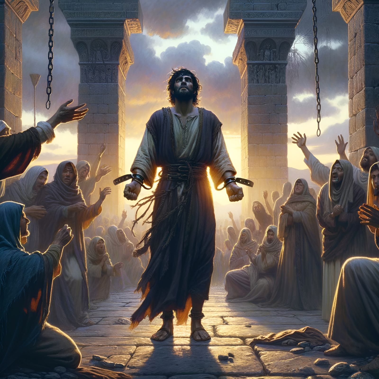 Man Unshackled at Dawn in Ancient Landscape