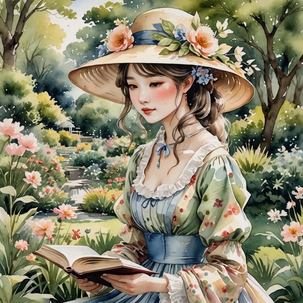 Regency Girl Reading in Garden Watercolor Portrait