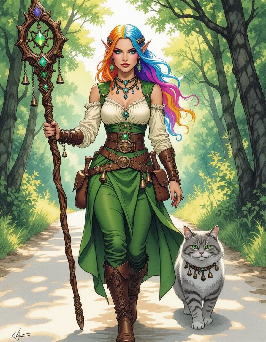 Half-elven Wizard and Cat in Pen and Ink Style