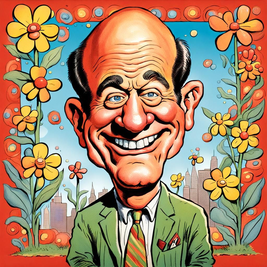Hilarious Caricature of Winking Man with Flower