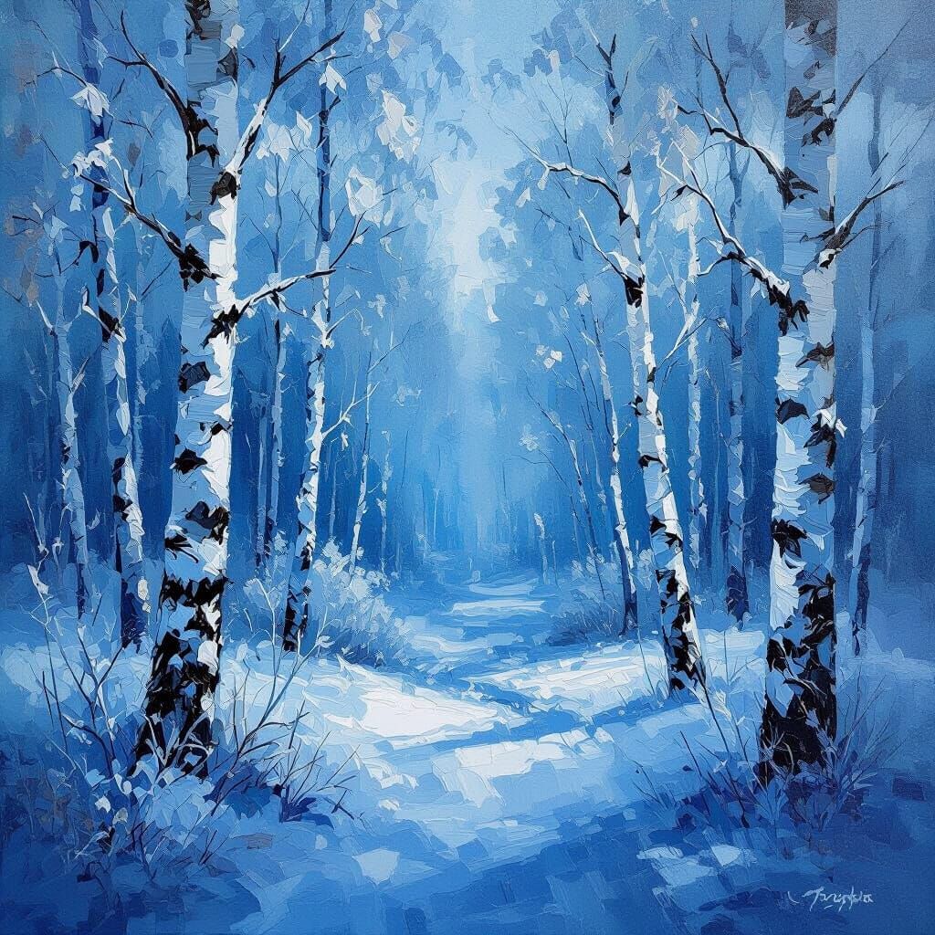Impressionistic Birch Forest Painting in Blue Hues