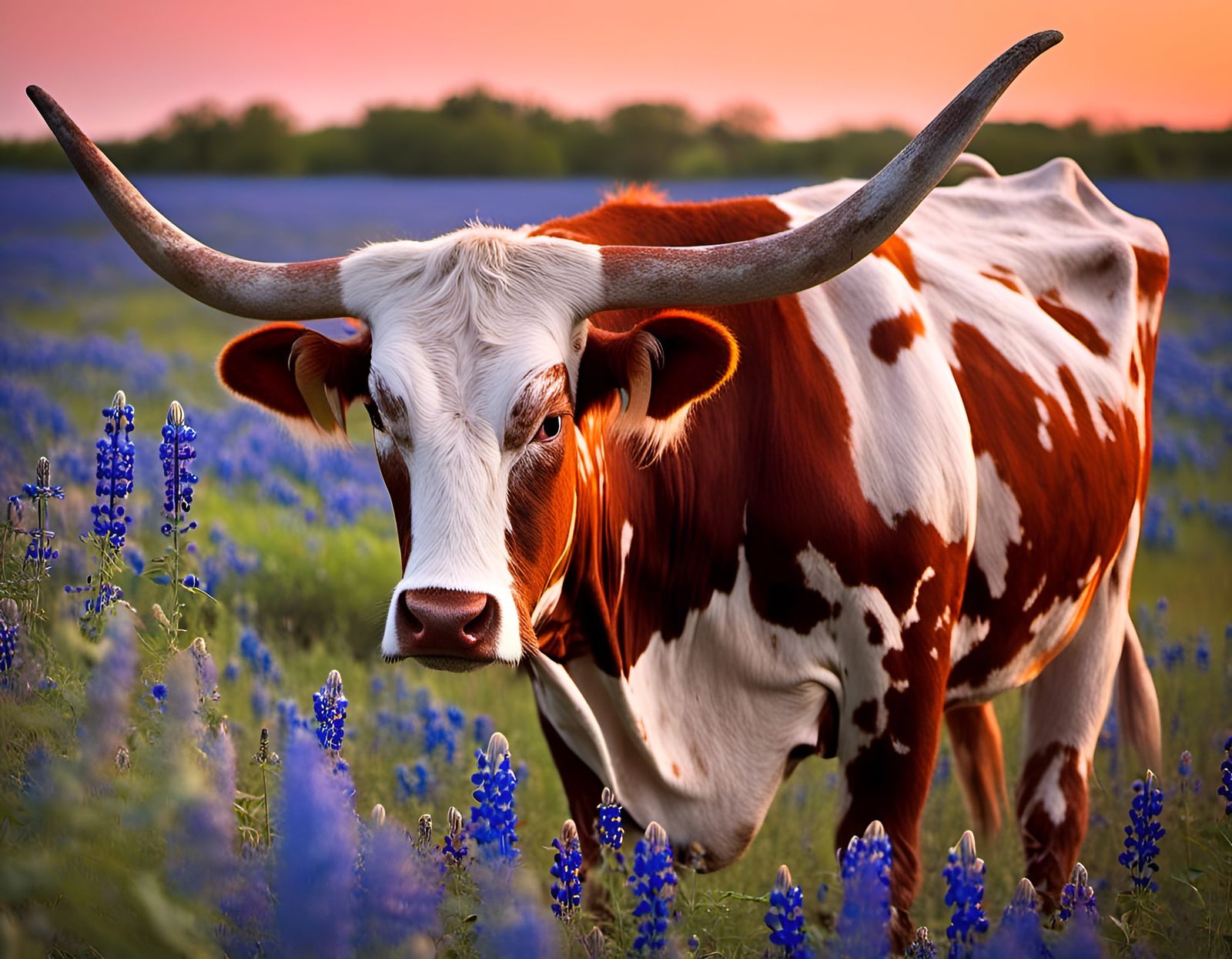 Texas Longhorn Cow in Field of Wildflowers