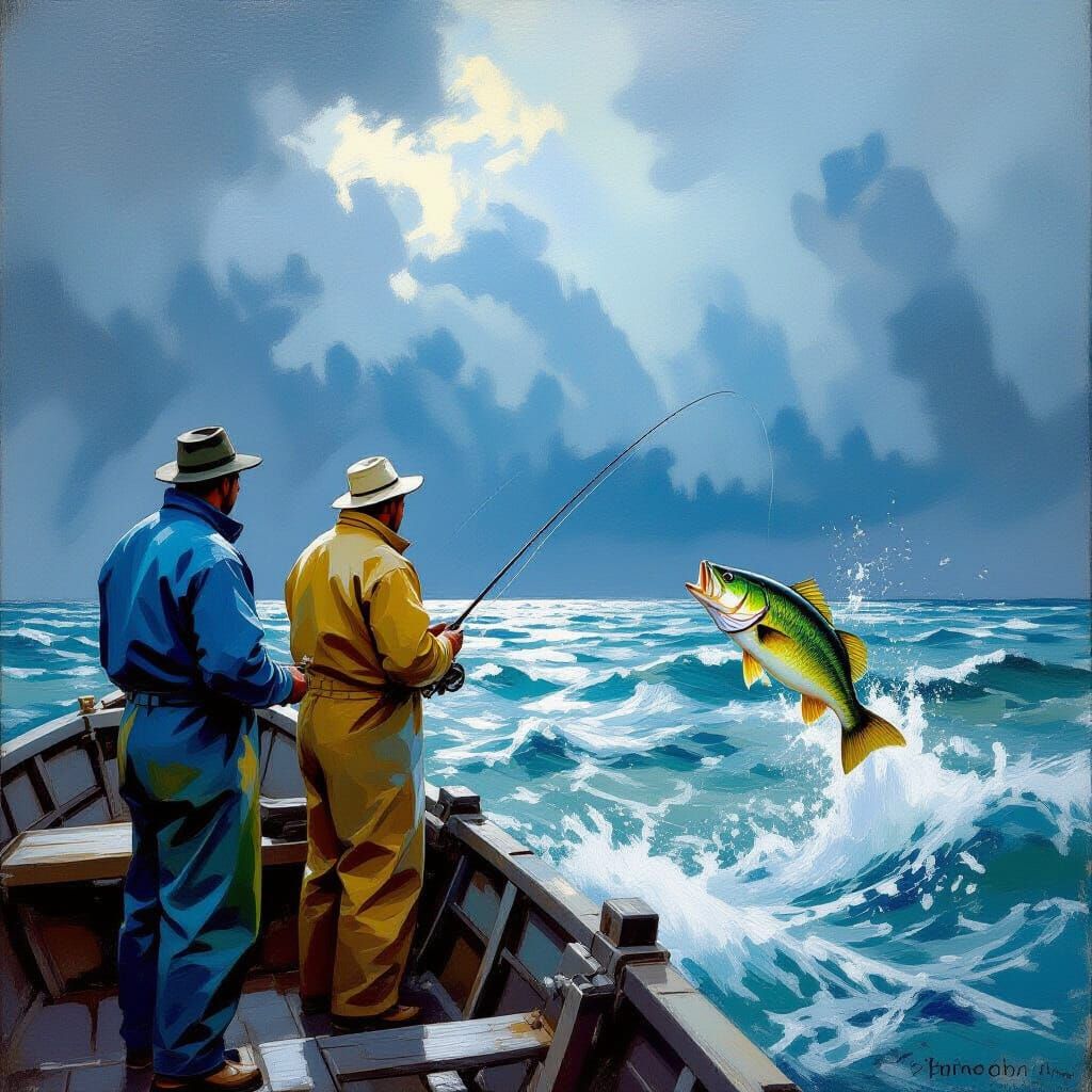 Fishermen Catching Bass in Impressionistic Style