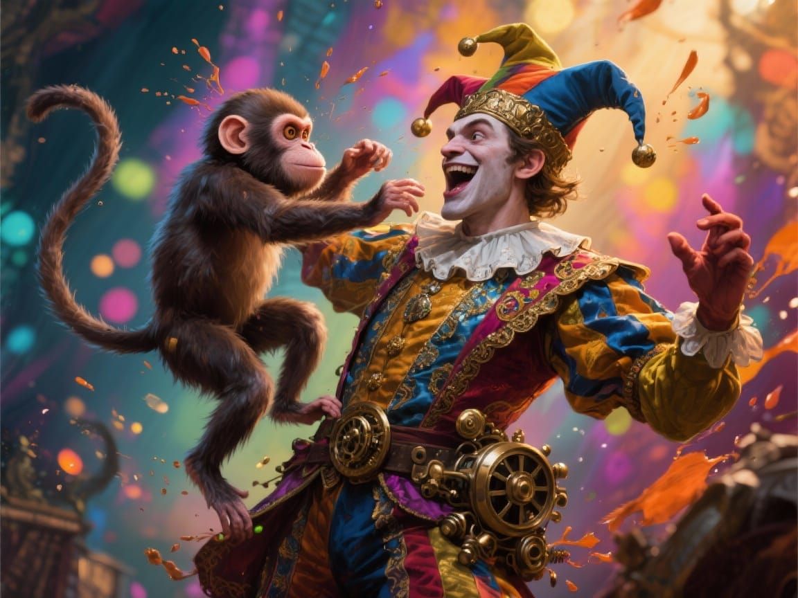 Jester and Monkey in Matching Outfits Hyperrealistic Art