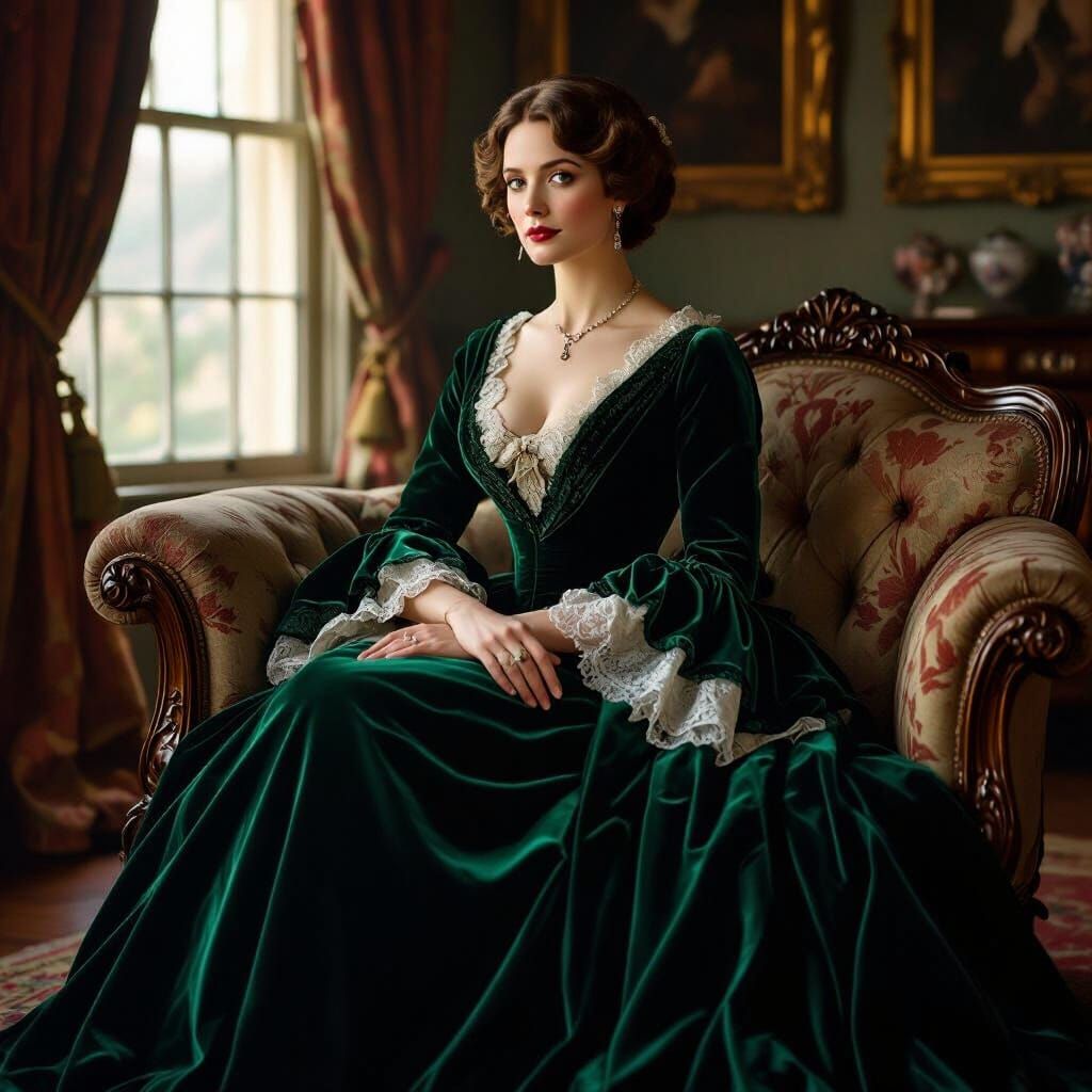 Lady Mary Crawley in Emerald Gown, Victorian Drawing-Room Po...