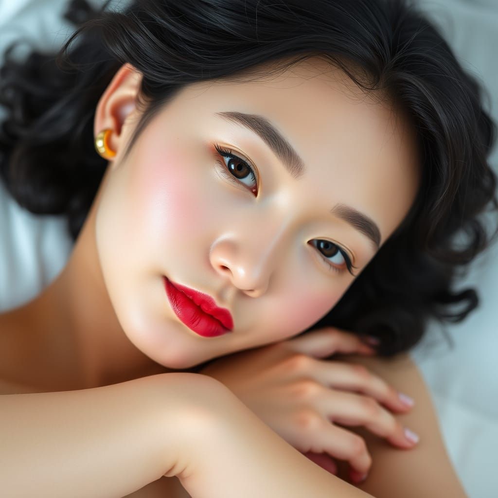 Portrait of Young Woman with Freckles and Curly Hair